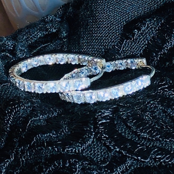 Large 925 Silver inside outside CZ Hoop Earrings - Picture 5 of 8